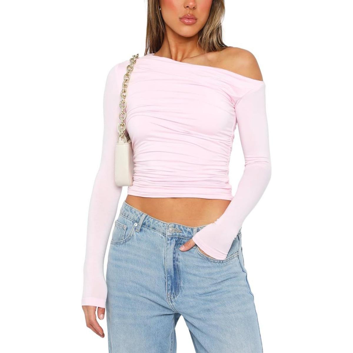 Women s Off Shoulder Long Sleeve Crop Top Slim Fit Sexy Ruched Solid Color Casual Tee S розовый