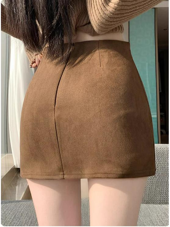Melaleuca Suede Side Slit Bodycon Skirt - Autumn/Winter Girls' Hip-Hugging Casual Mini Skirt