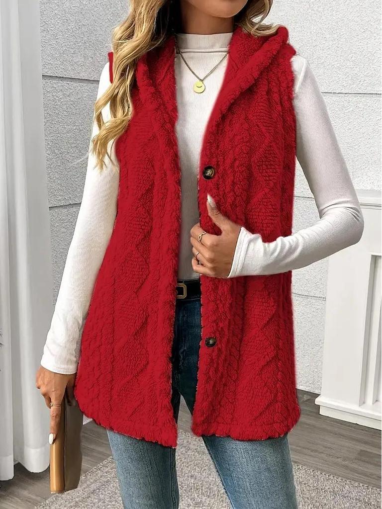 European-American Solid Color Double-Sided Plush Hooded Button Cardigan - Casual Women's Autumn/Winter Vest