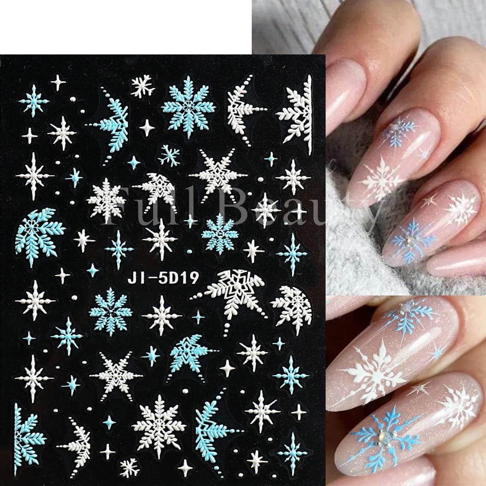 5D Christmas Embossed Nail Stickers White Snowflakes Sliders For Nails Cute Cartoon Bear Gloves Sweater Design Decals