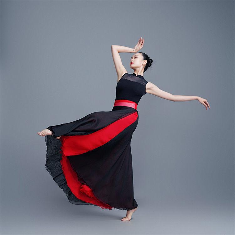 Two-Tone Satin Chiffon Lace-up Dance Midi Skirt for Women