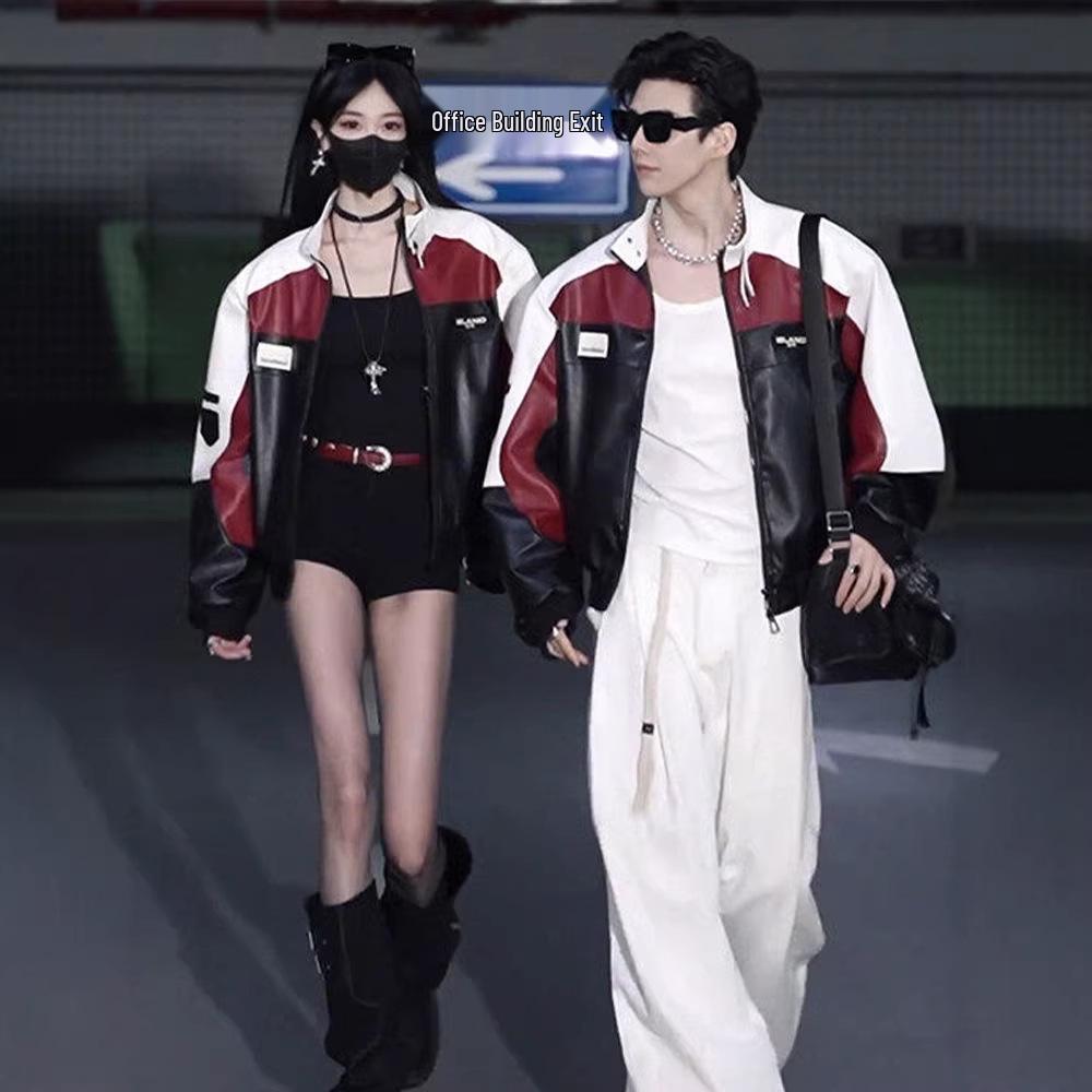 Stylish Men's Red Patchwork Leather Motorcycle Jacket - Spring/Autumn Retro Couples' Design