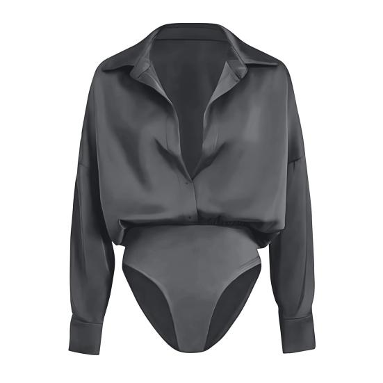 Women s Office Blouse Bodysuit Top Button Down Lapel Long Sleeve One Piece Work Shirt Casual Loose Fit Business Tops S