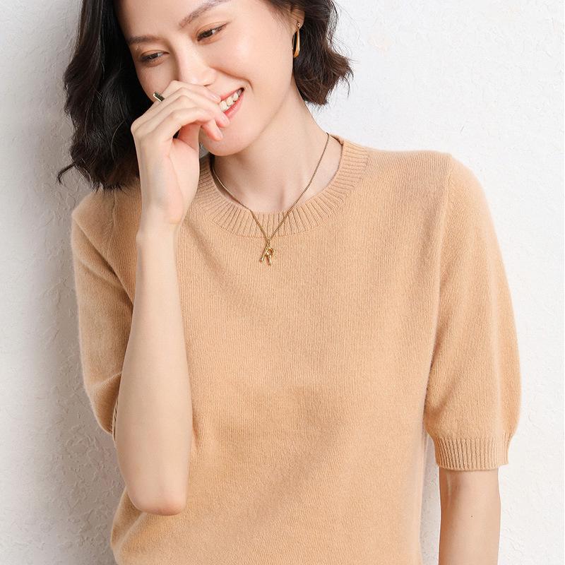 2025 Spring/Autumn Women's Knitwear: Short Sleeve Wool Cardigan with Round Neck