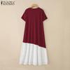 ZANZEA Women Casual Round Neck Short Sleeve Print Ruffled Patchwork Dress