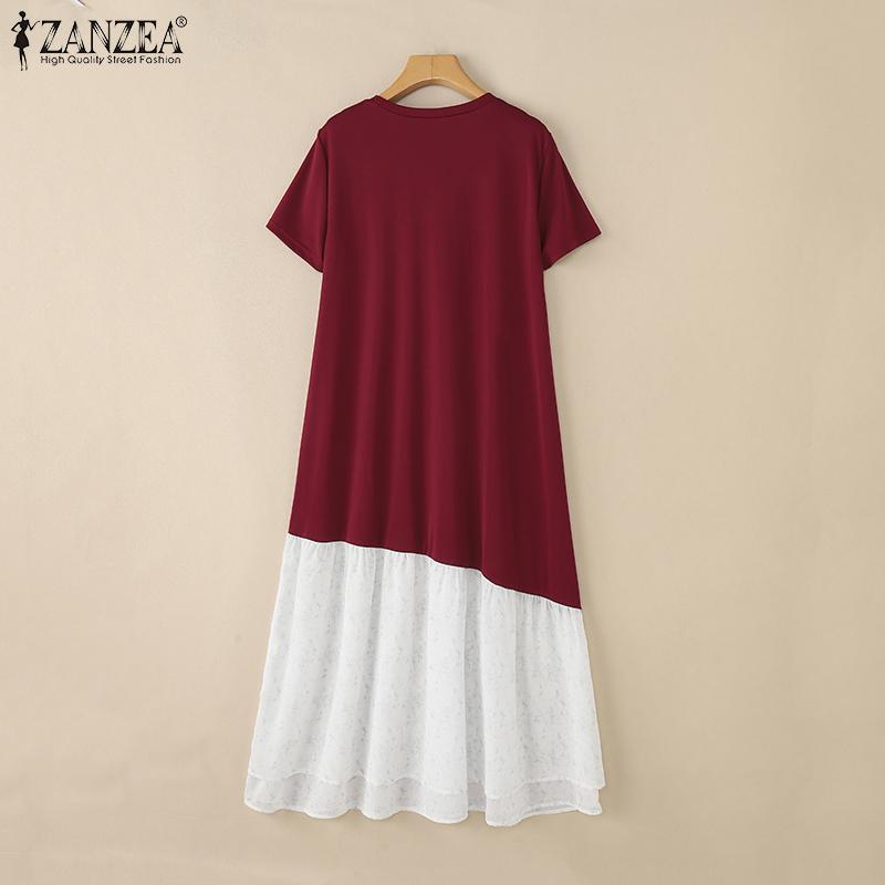 ZANZEA Women Casual Round Neck Short Sleeve Print Ruffled Patchwork Dress