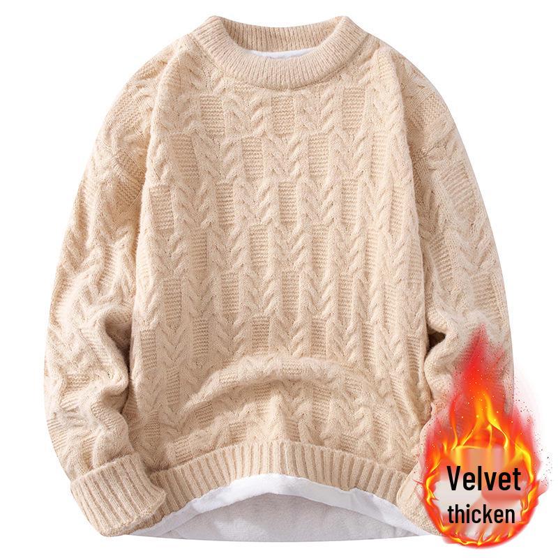

Men s Retro Fleece-Lined Round Neck Sweater, Autumn/Winter, Fashionable Loose Knit Pullover, Trendy and Thick Base Layer L абрикосовий