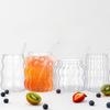 4 Pcs Creative Glassware Set Wave Shape Drinking Glasses with Glass Straw Aesthetic Cups Vintage Ribbed Glass Cups Cute Drinking Glasses for Tea Beer