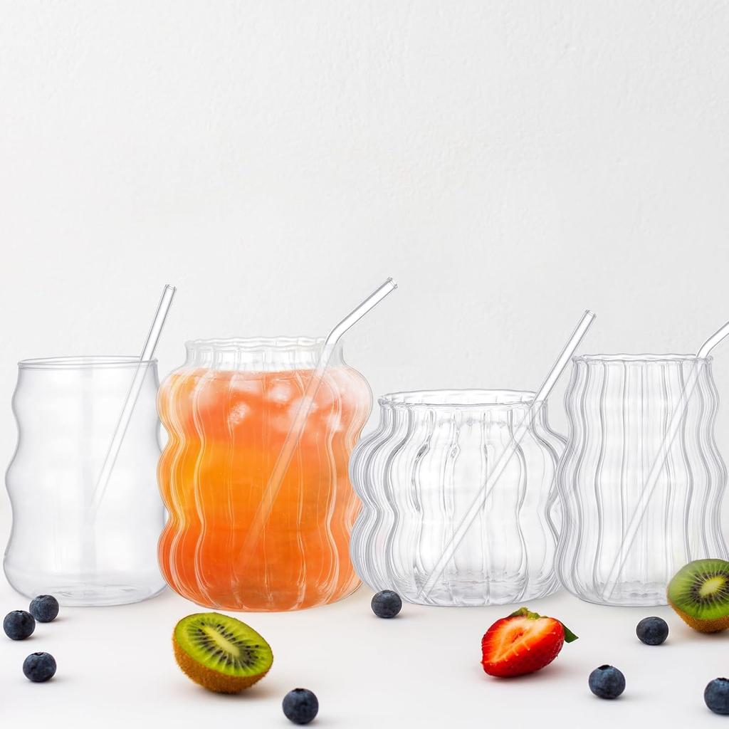 4 Pcs Creative Glassware Set Wave Shape Drinking Glasses with Glass Straw Aesthetic Cups Vintage Ribbed Glass Cups Cute Drinking Glasses for Tea Beer