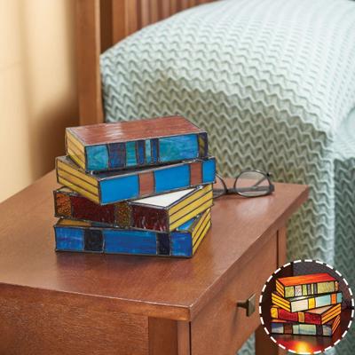 Stained Glass Stacked Book Lamp Colorful Resin Vintage Bedroom Study