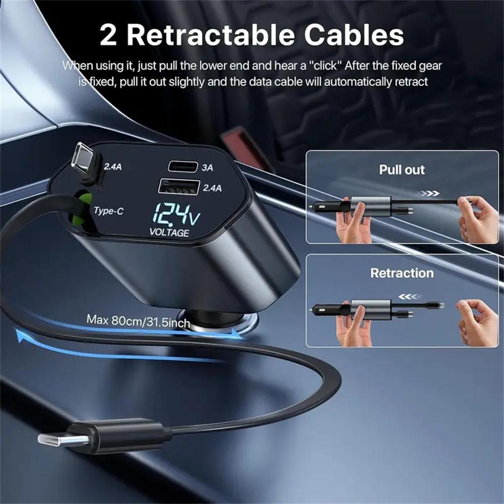 120W Retractable Car Charger 4 In 1 USB C Fast Charging Car Socket Charger Adapter for iPhone Xiaomi Huawei Samsung