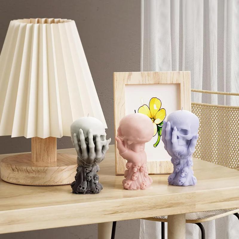 Halloween Skull Candle Silicone Mold Set, 1 Piece Handheld Skull Resin Casting Mold, DIY Plaster Handmade Artwork Making Tools