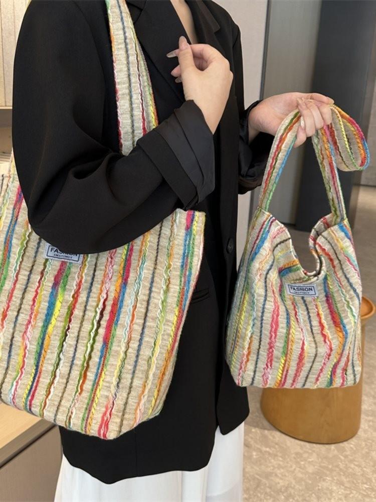 Stylish Large Capacity Women's Shoulder Bag With Colorful Rainbow Stripes And Embroidery
