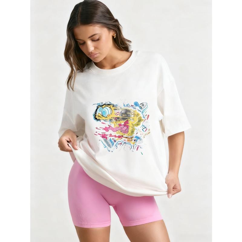 Oversized T-Shirt Black SpongeBob SquarePants Graphic Print With Text MICHIN For Casual Wear Street Style Fashion