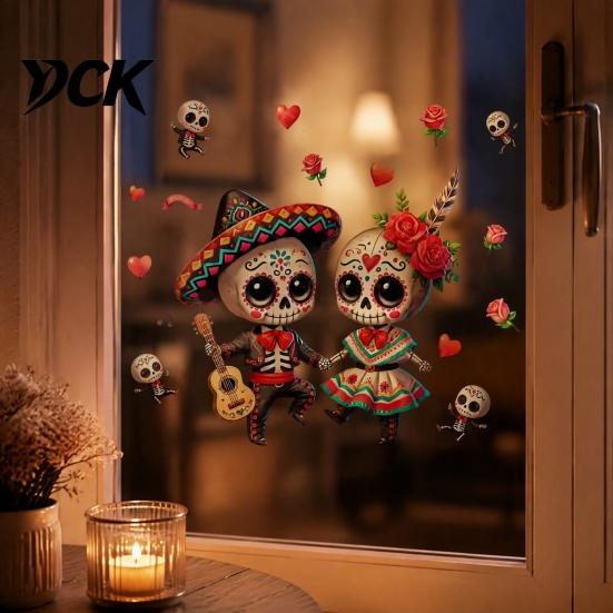 Easy Peel And Stick Murals Halloween Cartoon Skeleton Couple Window Stickers, Waterproof PVC Day of The Dead Static Decals, Traditional
