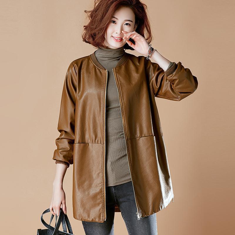 Übergröße 7XL Damen Frühlings-Mittellange Lederjacke Koreanische Lockere Baseballuniform PU-Lederjacke Windbreaker