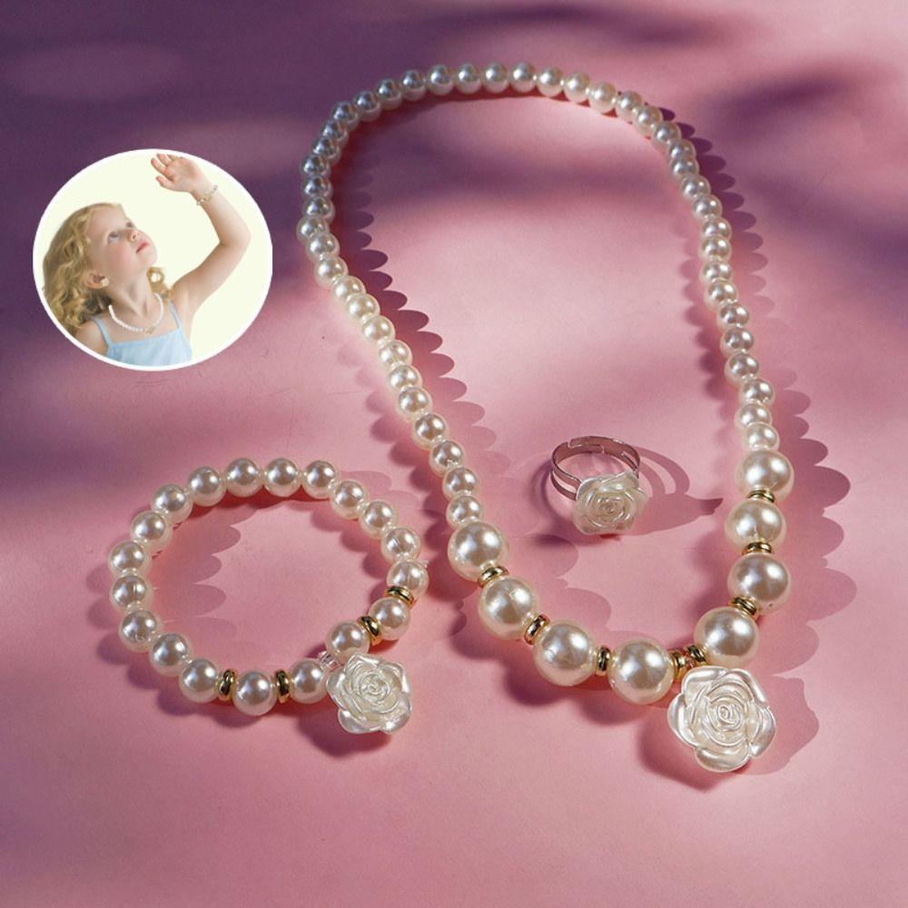 Flower Charm Pearl Elastics Bracelet Acrylic Necklace Bracelet Ring  Gifts