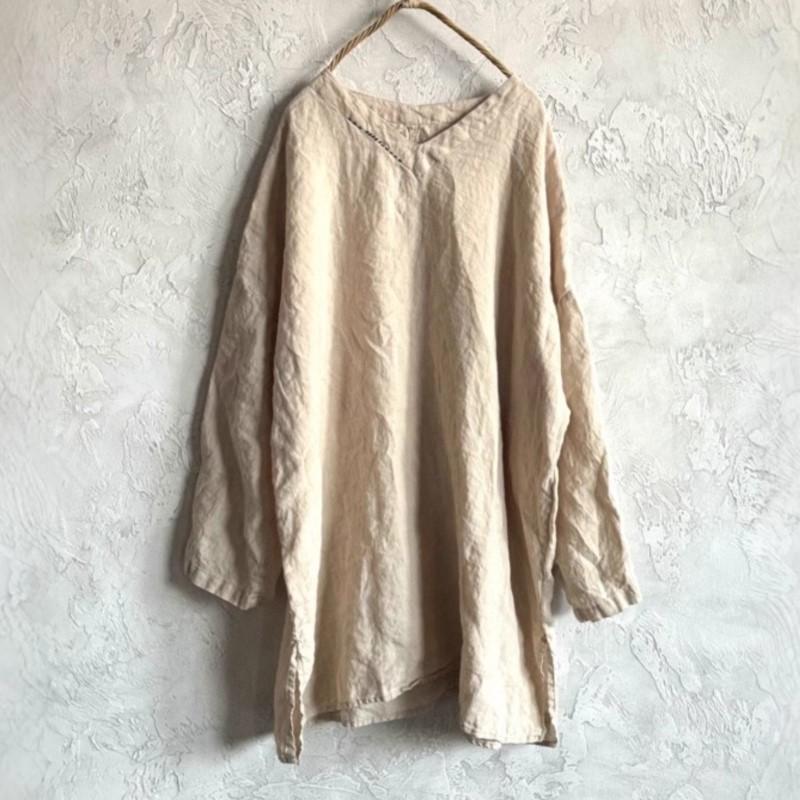 

Johnature Женские винтажные футболки с вышивкой, V-образный вырез, длинный рукав, весенние, однотонные, женские, свободные, длинные футболки One Size бежевый