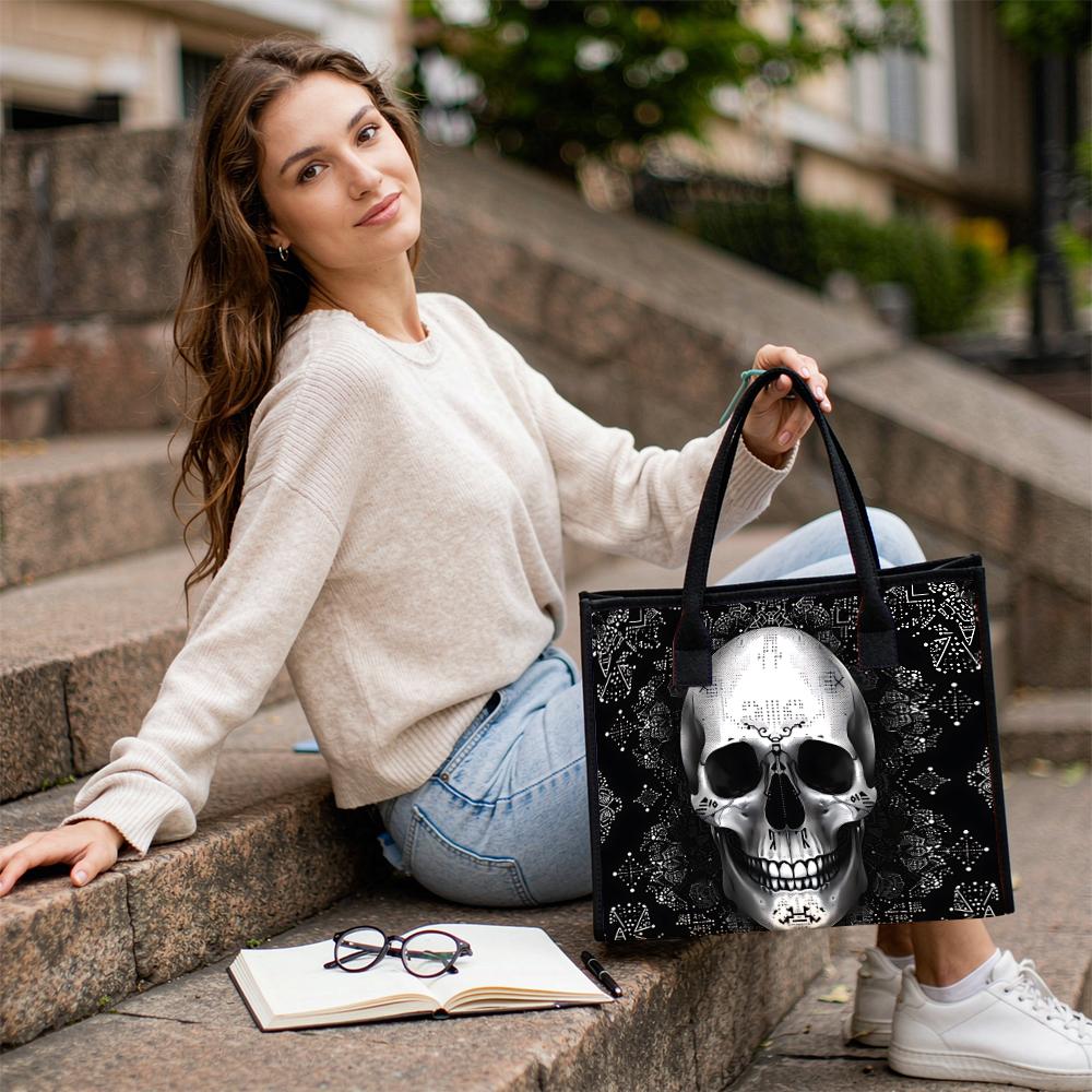 Gothic Skull Pattern Tote Bag Daily Use Portable Shoulder Bag Stylish Punk Casual Handbag