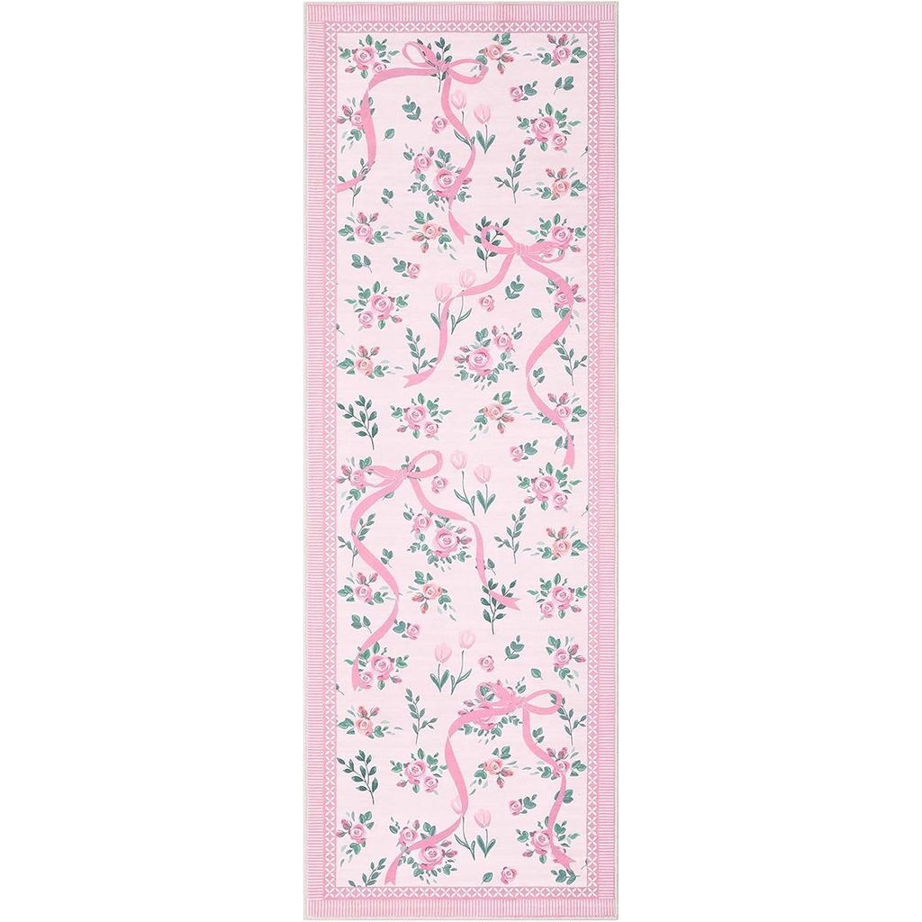 Corridor Carpet Runner Rug Machine Washable Non-slip Floor Mat Green Carpets Floral Ribbon Design Spring Home Decor Rugs
