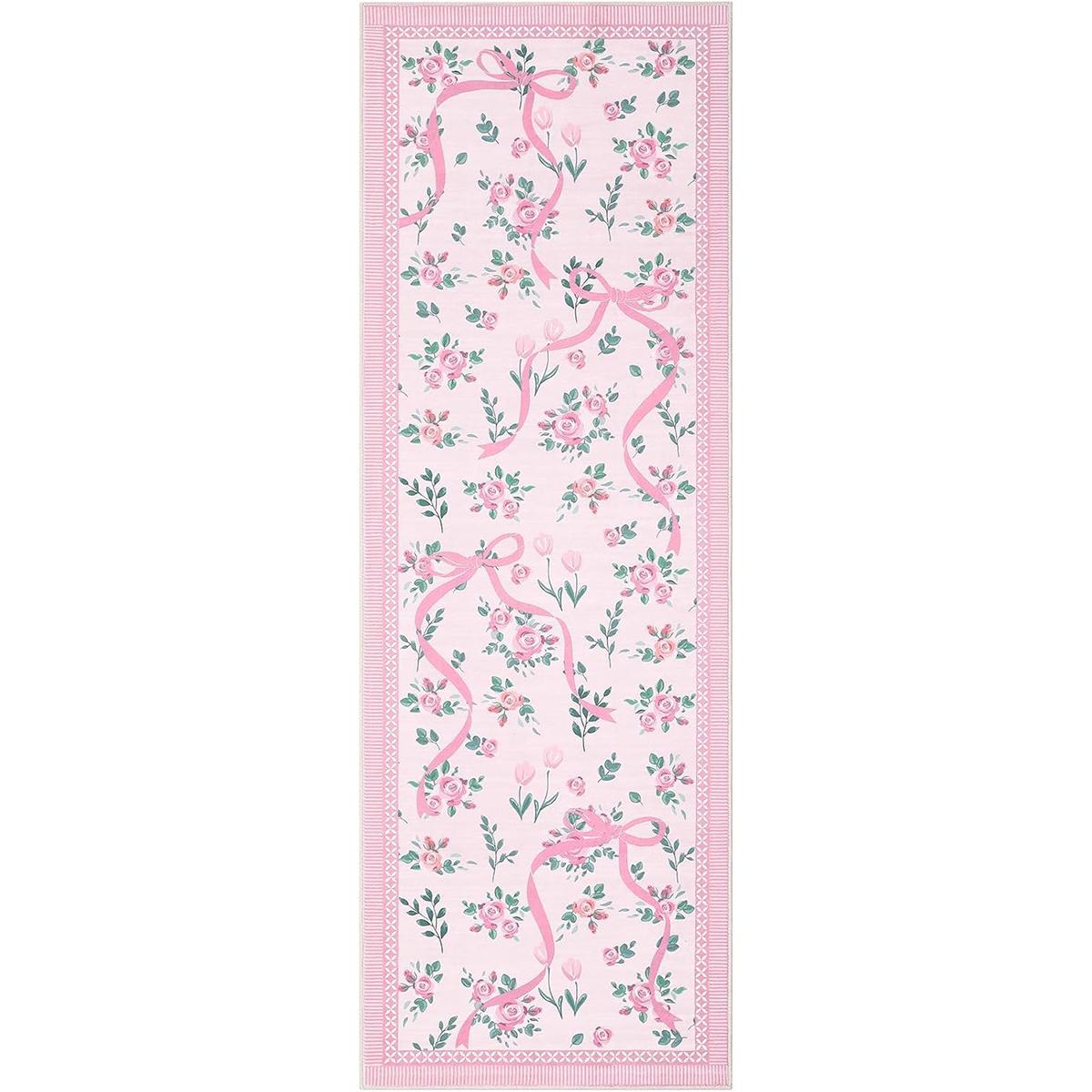 

Corridor Carpet Runner Rug Machine Washable Non-slip Floor Mat Green Carpets Floral Ribbon Design Spring Home Decor Rugs 60x180cm