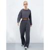 Womens Casual 2-Piece Set Long Sleeve Round Neck T-Shirt Elastic Wide Leg Pants Pure Color Streetwear
