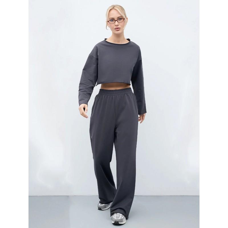 Womens Casual 2-Piece Set Long Sleeve Round Neck T-Shirt Elastic Wide Leg Pants Pure Color Streetwear