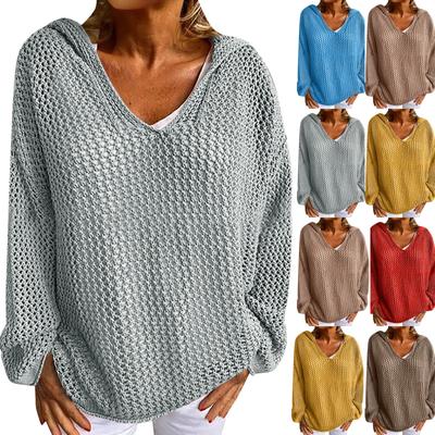 Damen Casual Fashion Bequemer Außenstrick Mit Kapuze Dünner Lockerer Einfarbiger Ausgehöhlter Pullover