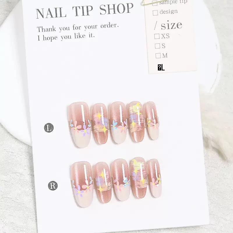 30PCS High-End Oil Painting Style Cat Eye Fake Nails – Handmade Nail Art Tips for Sweet Girl Wearable Nails