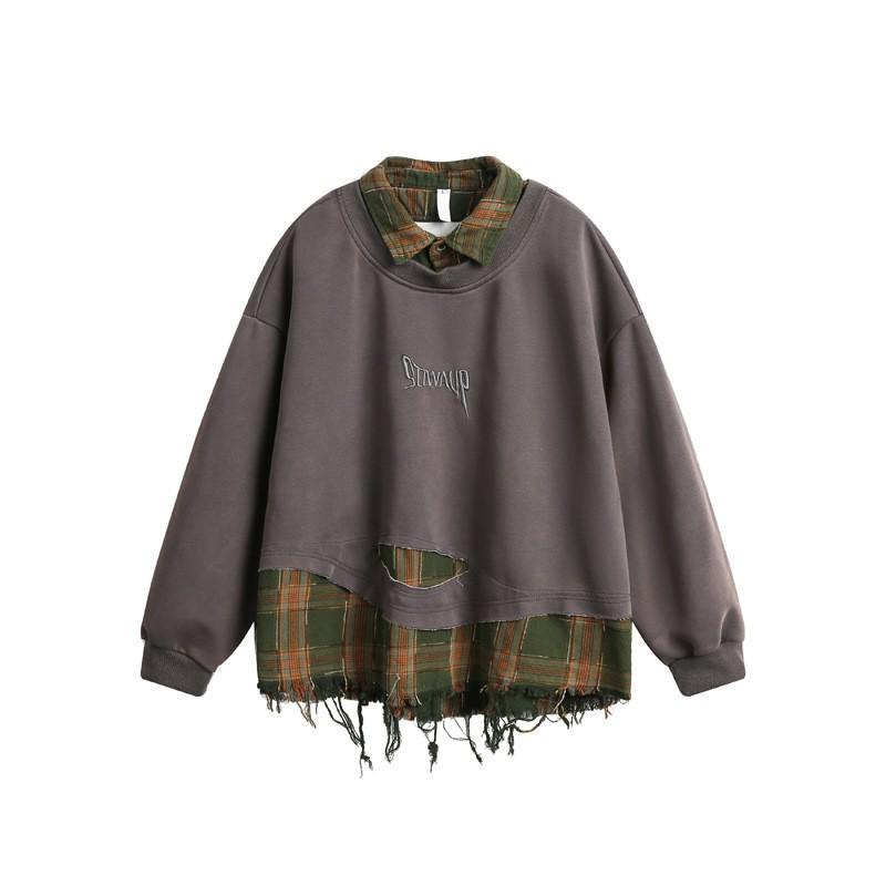 Unisex Oversized Plaid Patchwork Distressed Turn-Down Collar Hoodie Fall Casual Streetwear