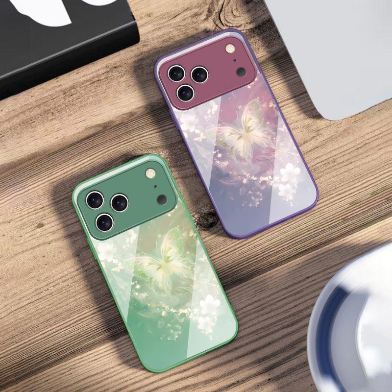 Fluture visător cu dungi Pentru iPhone 17 Air 16 E 15 14 13 Plus 12 mini 11 17 Pro Max XR Xs Max 16E 7 8 Carcasă de telefon din sticlă securizată