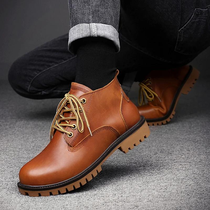 Fashion Handmade Winter Boots for Men Genuine Leather Male Comfortable Basic Boots Lace-Up Men's Motorcycle Boots Low Top Walking Shoes