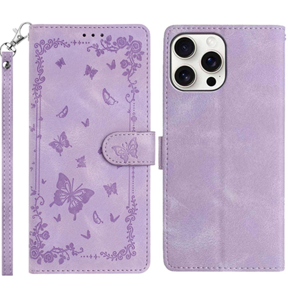 For iPhone 16 Pro Max Case Garden Imprinted PU Leather Wallet Phone Cover with Wrist Strap