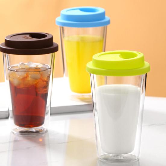350 ML dobbeltvegget glass med silikonlokk isolert tumbler Reise varm kald drikke te melk høy borosilikatglass kopp kaffekrus