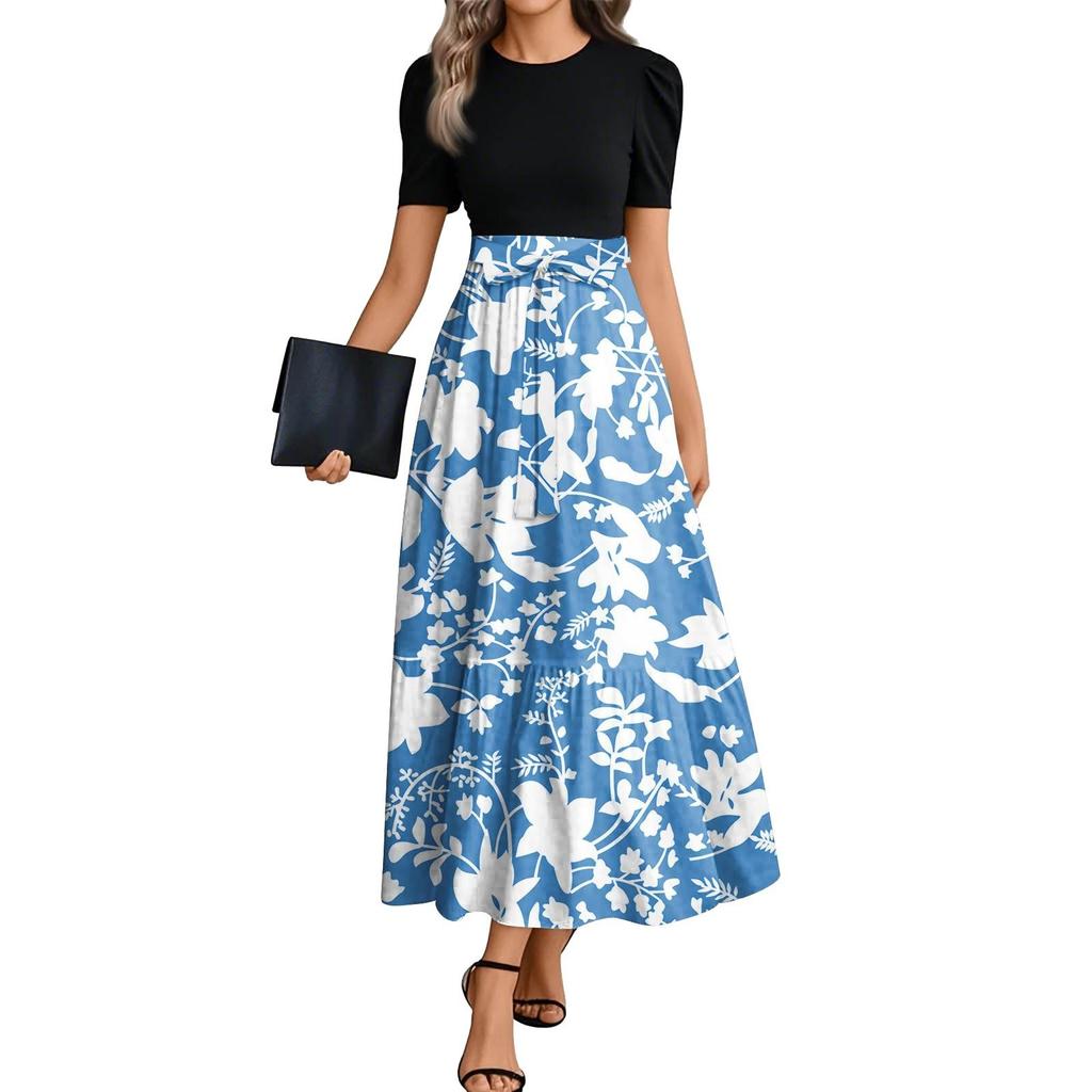Women's Floral Print High Waist Fashionable And Elegant Dress