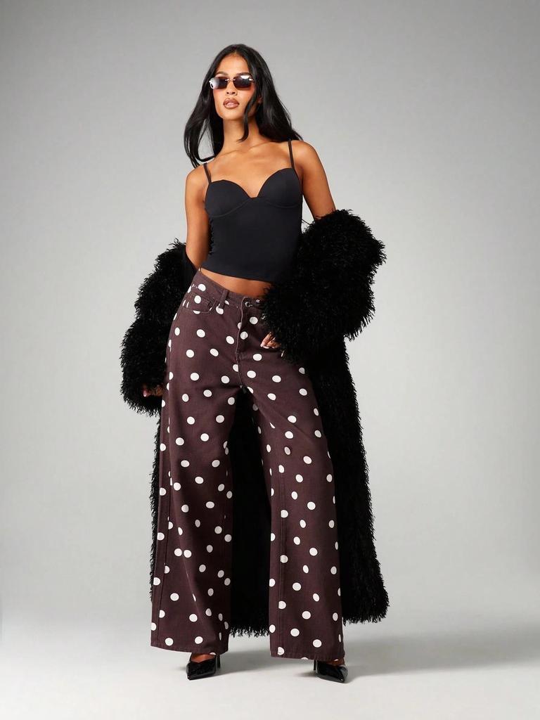 European Style Polka Dot Casual Mid-Waist Non-Stretch Long Denim Pants for Women