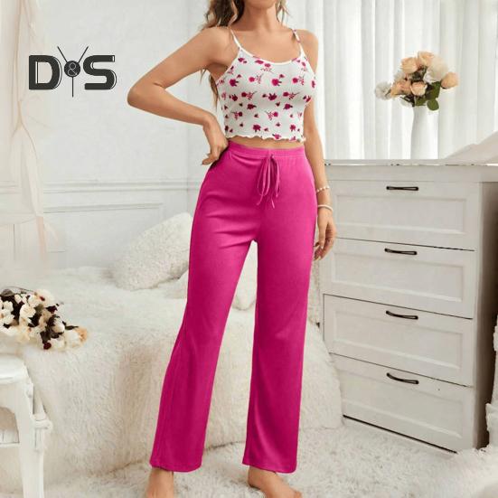 Zweiteiliges Pyjama-Set für Damen, ärmellos, Camisole, bauchfreies Top, weites Bein, Hose, Sommer, lässiges Lounge-Nachtwäsche-Set