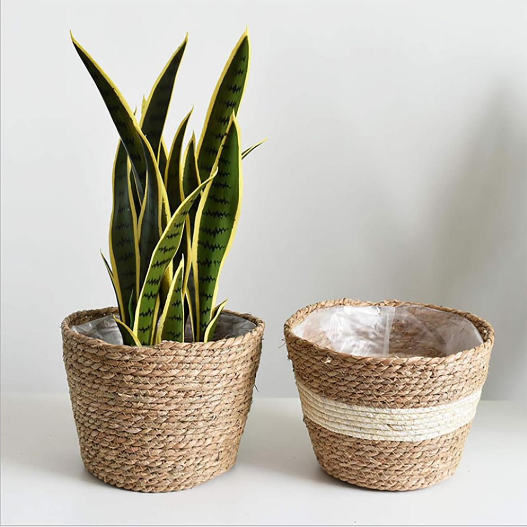 Seagrass Planters, Cover Storage Basket Containers Hand Woven Straw Pot with Plastic Liners for Indoor Outdoor Plant, Flower