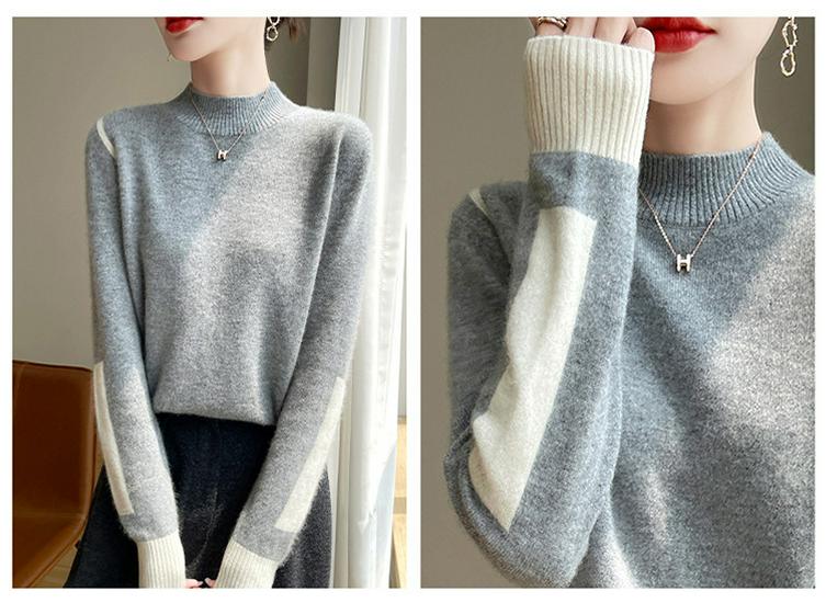 Women's Color Block Half-High Neck Wool Sweater, Skin-Friendly and Warm Knitwear for Autumn/Winter