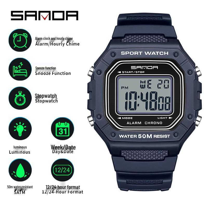 SANDA Square Multi-Function Digital Sports Watch: Waterproof, Luminous, Ideal for Students and Parties
