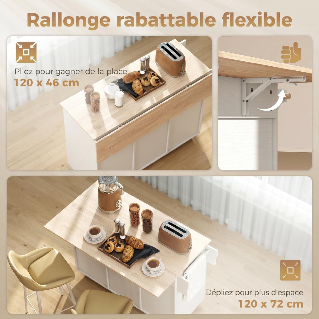 Kitchen Island with Folding Top, 129 x 72 x 90.5 cm, White