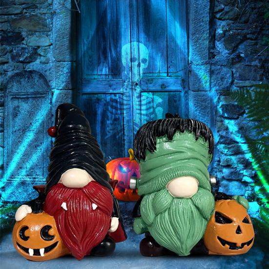 Halloween Gnome Statue Spooky Holding Pumpkin Wizard Zombie Dwarf Figurine Resin Sculpture Home Office Desktop Decoration Ornament