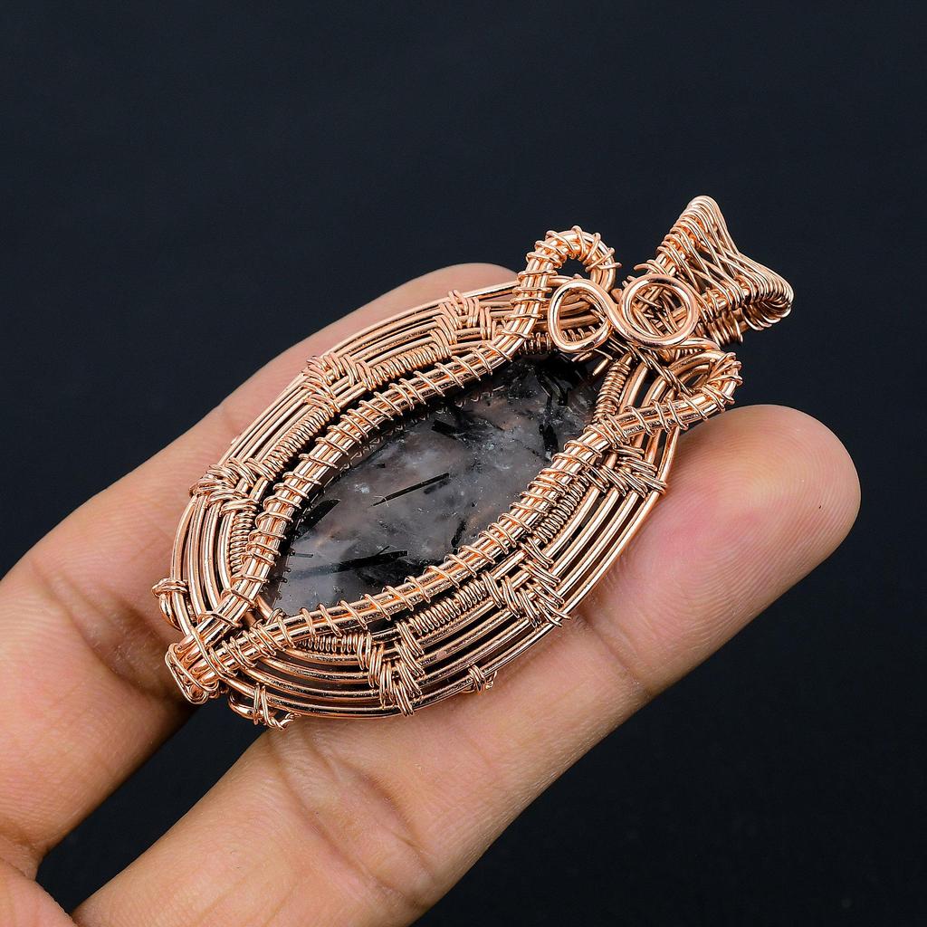 Black Rutile Gemstone Jewelry, 999 Copper Wire Wrapped Pendant, Beautiful Silver Pendant, Handmade Bohemian Jewelry For Wedding Gift