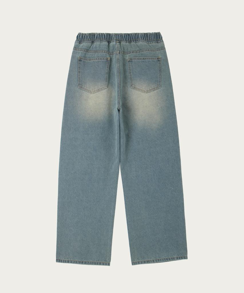 Akeusi Easy Fit Elastic Waist Wide Denim Pants Unisex (Light Blue)
