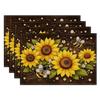 Rustic Sunflower Bee Plaid Accent Print Rectangular Placemats Set Country Farmhouse Dining Table Decor Mats 4pc  6PC 8PC