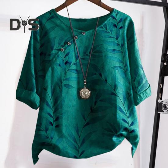 Dámské letní tričko s kulatým výstřihem, krátkým rukávem, volného střihu, pulovrové topy, retro potisk listů, knoflíková dekorace, tenké tričko