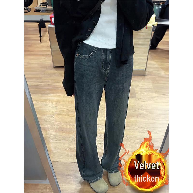 

Plus Size Women s High Waist Fleece-Lined Straight Leg Jeans for Autumn/Winter - Slimming Wide Leg Trousers for Pear-Shaped Bodies. 2X Large