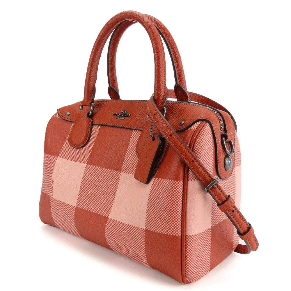 Used COACH Handbag Mini Boston F26146 leather Red pink Check Pattern