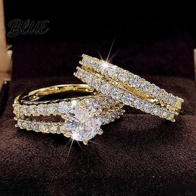 Sparkly Rhinestone Rings 2Pcs Band Women Cubic Zirconia Ring Fashion