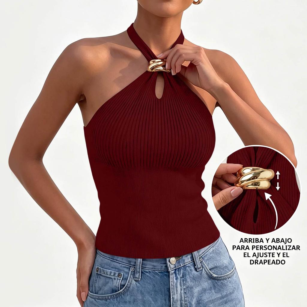 Women Sleeveless Ribbed Knit Halter Neck Crop Top with Metal Ring Buckle Slim Fit Stretchy Summer Casual Tank Top